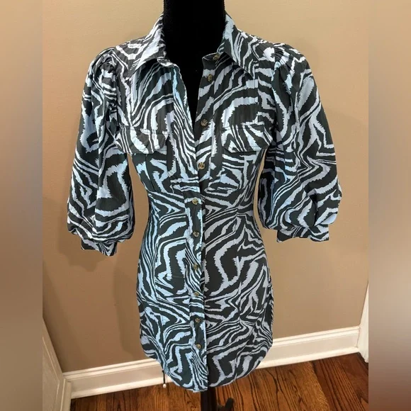 Women’s GANNI blue swirl pouf sleeve dress- Size 34 - Picture 5 of 10